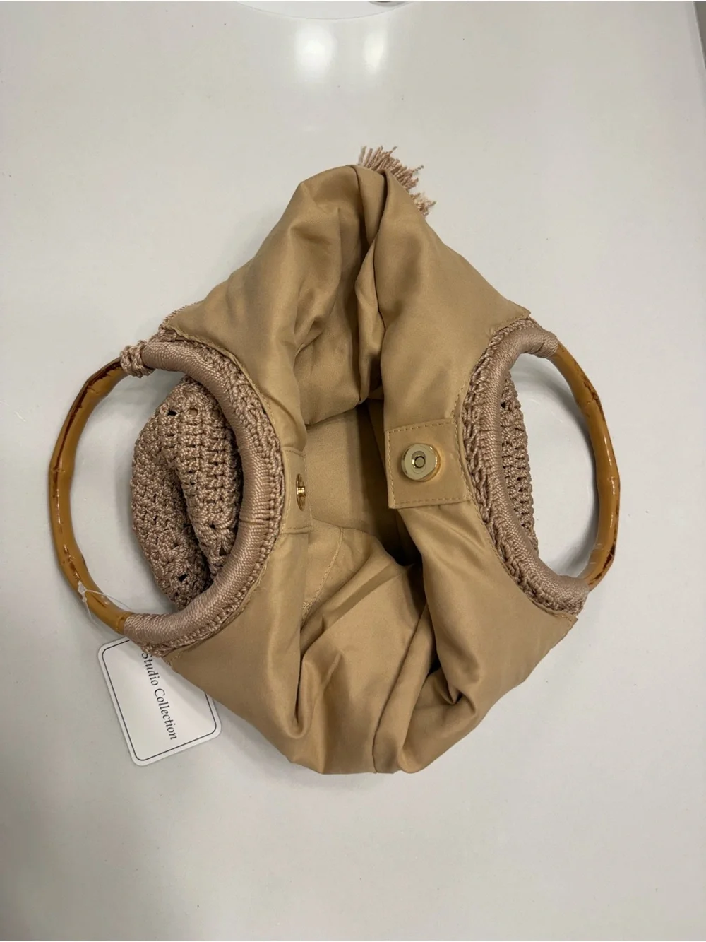 Studio Collection Crochet Tote in Beige with Bamboo Handles NWT